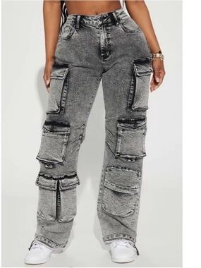 Fashion Nova Fairfax High Rise Stretch Cargo Jeans Acid Wash Grey Size 28X41